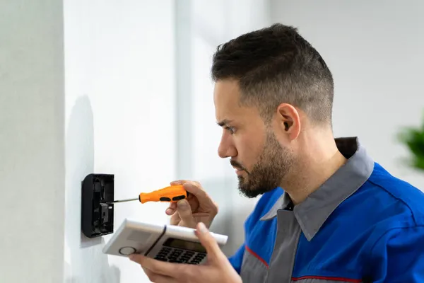 Technician Installing Security Access Alarm System Control — Stock Photo, Image