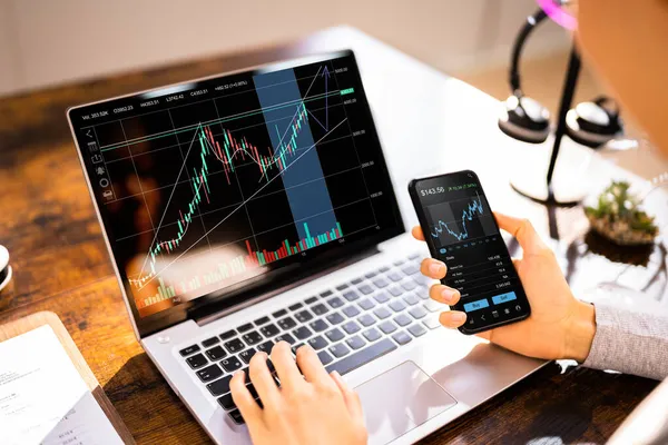 Stock Exchange Business Analist Met Behulp Van Laptop Computer — Stockfoto
