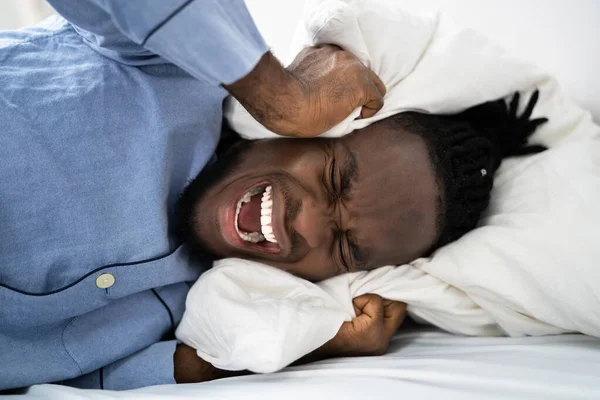 Awake Noise African American Man Bed — Stok Foto