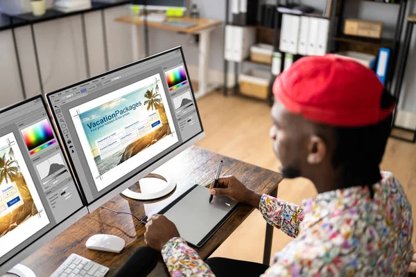 African Graphic Web Designer Using Design Editing Software — Stock Photo, Image
