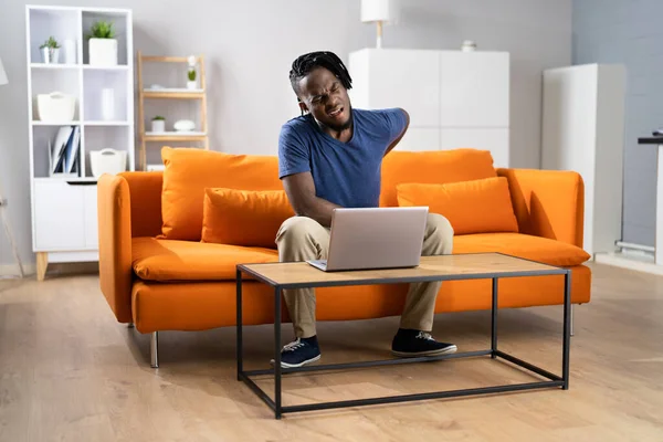 African Man Pain Back Home Office — Stock Photo, Image