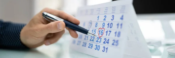 Calendar Deadline Young Man Holding Pen Marking Date — Stock Photo, Image