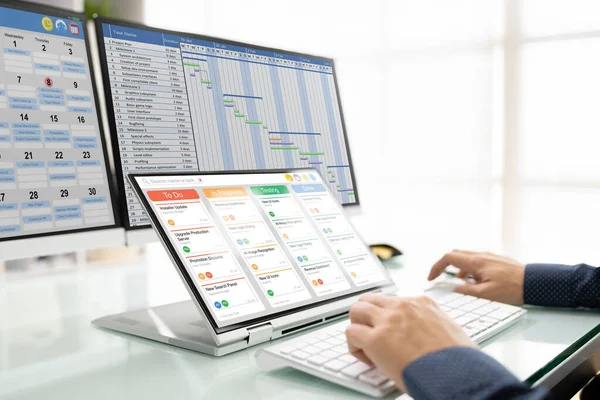 Kanban Projektmanagement Software Auf Laptop Digitaler Terminkalender — Stockfoto