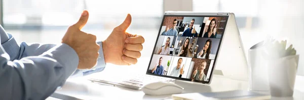 Video Conferentie Webinar Oproep Zakelijke Laptop Duimen Omhoog — Stockfoto