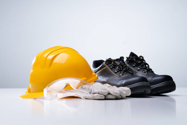 Construction Safety Equipment. Gloves, Eyewear And Hard Hat