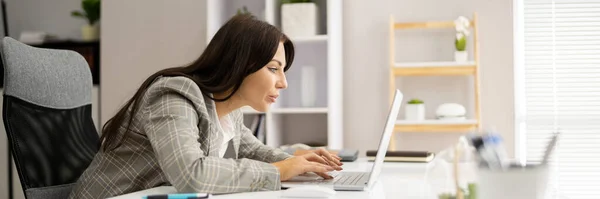 Woman Bad Posture Working Typing Desk — Stock Fotó