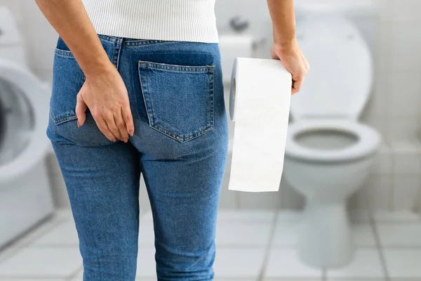 Bowel Incontinence Pain Woman Hand Holding Crotch — Stock Photo, Image