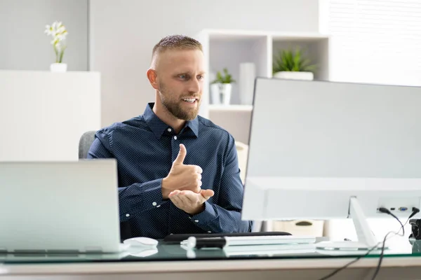 Lenguaje Señas Para Personas Con Discapacidad Videoconferencia — Foto de Stock