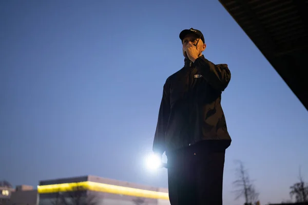 Security Guard Walking Outdoors Flashlight Night — Foto Stock
