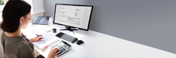 Factuurbelasting Software Vrouwelijke Accountant Computer — Stockfoto