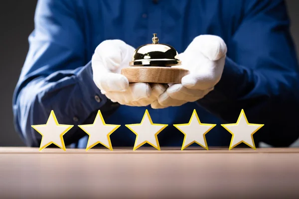 Service Bell Five Star Rating Icon Wooden Background — Fotografia de Stock