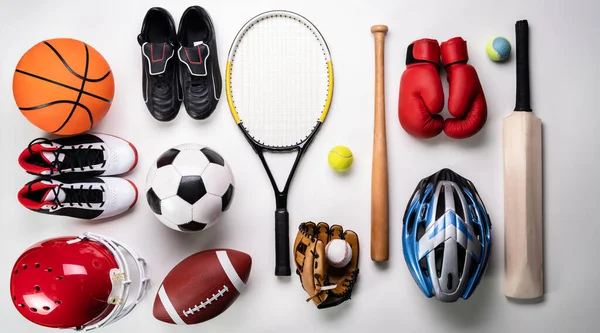 Verschiedene Sportgeräte Ausrüstung Und Zubehör Vielfalt — Stockfoto
