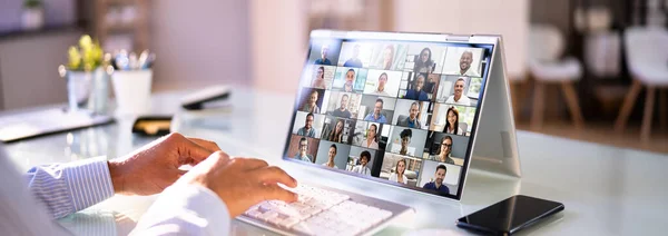 Webinar Videoconferência Negócios Laptop Híbrido Chamada Remota — Fotografia de Stock