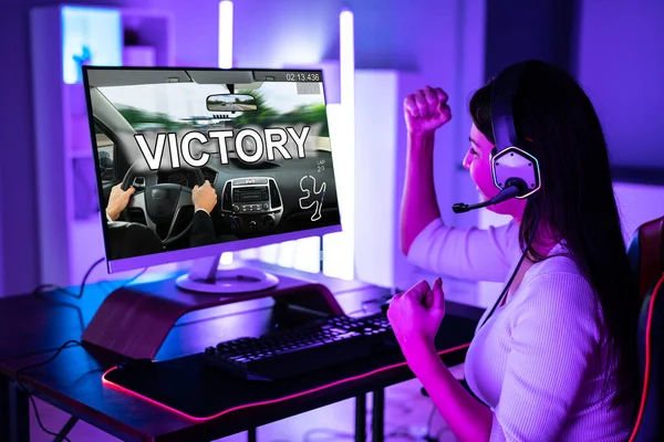 Young Excited Gamer Girl Won Video Game Online Tournament Victory — Stockfoto