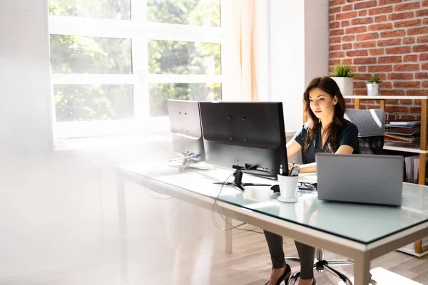 Ofisteki Bilgisayarda Çalışan Kadın — Stok fotoğraf