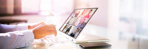 Üzleti Videokonferencia Webinar Hibrid Laptopon Távoli Hívás — Stock Fotó