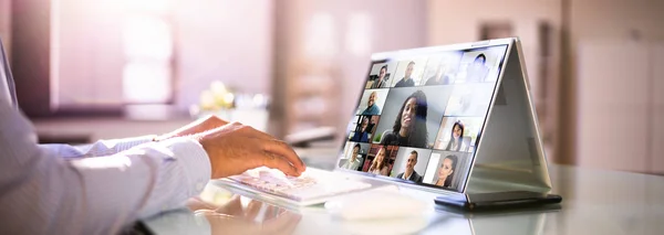 Webinar Videoconferenza Aziendale Laptop Ibrido Chiamata Remota — Foto Stock