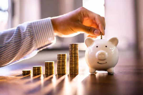 Geld Besparen Piggybank Varkensbank Met Munten — Stockfoto