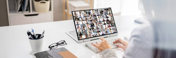 Virtuele Hybride Vergadering Kantoor Zakelijke Vrouw Videoconferentie — Stockfoto