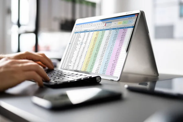 Foglio Calcolo Business Data Analyst Utilizzando Schermo Del Computer — Foto Stock