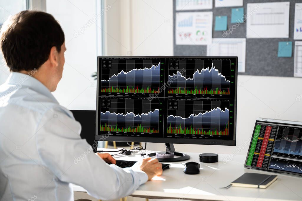 Stock Exchange Business Analyst Using Computer With Multiple Screen