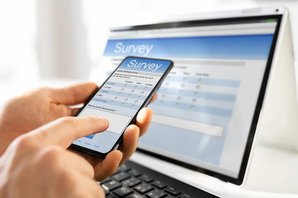 Cropped Image Businessman Giving Online Survey Digital Tablet Office Desk — Stock Photo, Image