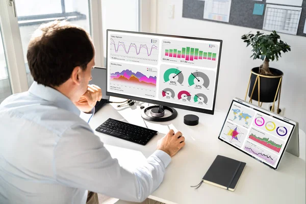 Businessman Using Analytics Data Kpi Dashboard Tech — Stock Photo, Image