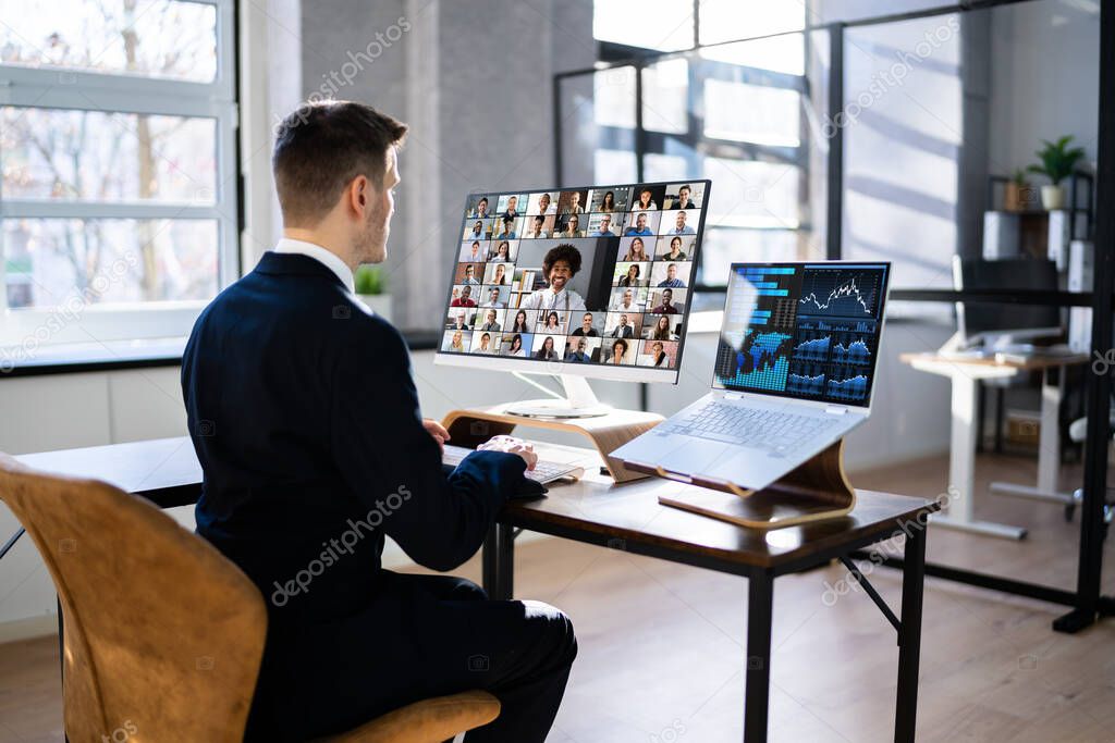 Watching Video Conference Business Webinar On Computer