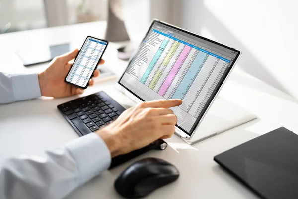 Analyste Tableur Électronique Auditeur Utilisant Logiciel Sur Ordinateur Portable Hybride — Photo