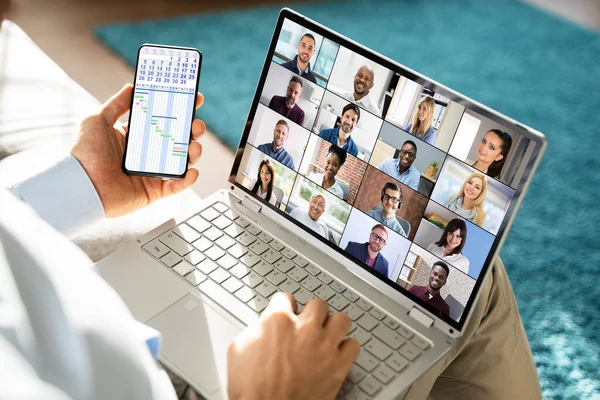 Εικονική Παρουσίαση Των Επιχειρήσεων Videoconferencing Στην Οθόνη Του Υπολογιστή — Φωτογραφία Αρχείου