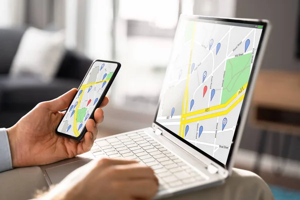 Online Gps Location Map Search Laptop Computer — Stock Photo, Image