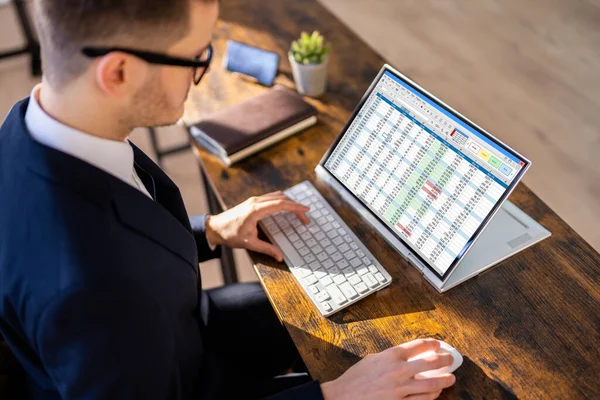 Elektronische Tabellenkalkulation Analyst Oder Prüfer Mit Software Auf Hybrid Laptop — Stockfoto