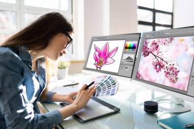 Graphic Designer Woman Working On Computer Screen clipart
