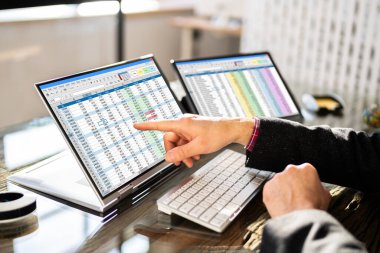 Analizci Çalışanları Bilgisayarı kullanarak Hesap Tablosu Üzerinde Çalışıyor