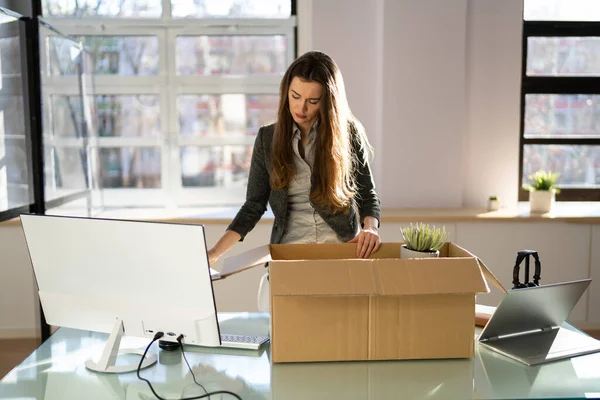 Job Quit Employee Holding Cardboard Box Desk — Stock Photo, Image