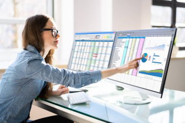Analist Çalışan Bilgisayar Ekranında Hesap Tablosu Kullanıyor