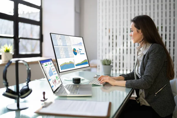 Analista Negócios Mulher Usando Tecnologia Dados Computador — Fotografia de Stock