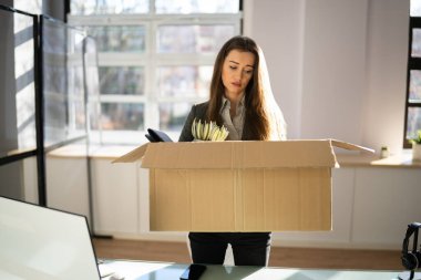 Kovulmuş Kutulu Çalışan. İşsiz İş Kadını Taşıma