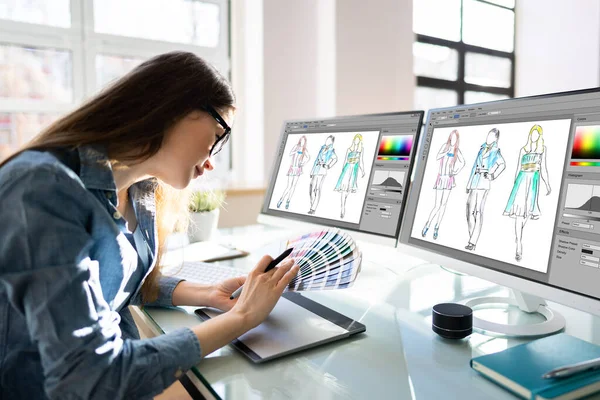 Graphic Designer Woman Working Computer Screen — Stock Photo, Image