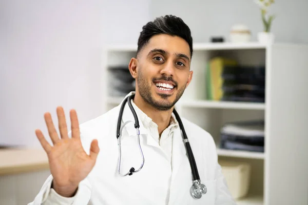 Doctor Waving Online Video Call Meeting — Stock Photo, Image