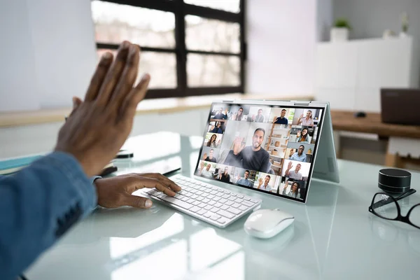Video Conference Webinar Online Call Meeting Laptop Caucasian — Stock Photo, Image