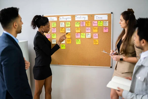 Agile Business Team Använda Kanban Task Board — Stockfoto