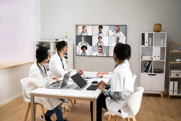 Doctor Online Medical Video Conference Diverse Team Hospital Workers — 스톡 사진