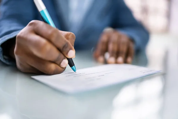 Insurance Paycheck Payroll Check Hand Writing Cheque — Stock Photo, Image