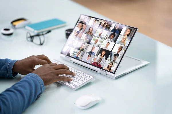 Vídeo Conferência Line Chamada Reunião Negócios Laptop — Fotografia de Stock