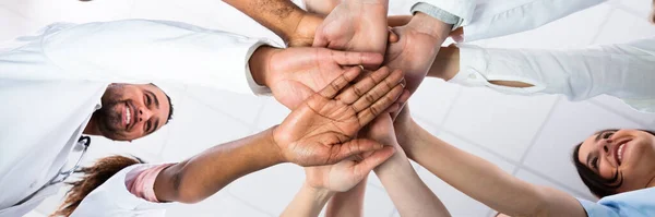 Low Angle View Doctor Stacking Hands Together Hospital — Stock Photo, Image