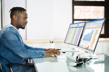 Veri Analisti Afrikalı Adam Bilgisayarda Hesap Tablosu Kullanıyor