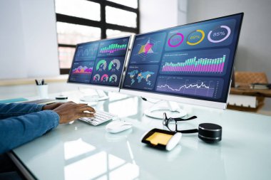 KPI İş Analitik Veri Kontrol Paneli. Analizci Bilgisayar Kullanıyor