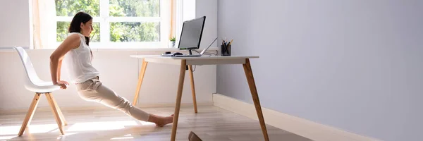 Side View Young Woman Doing Stretching Exercise Office — Stock Photo, Image