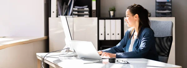 Videoconferentie Webinar Business Call Banner Met Computer — Stockfoto